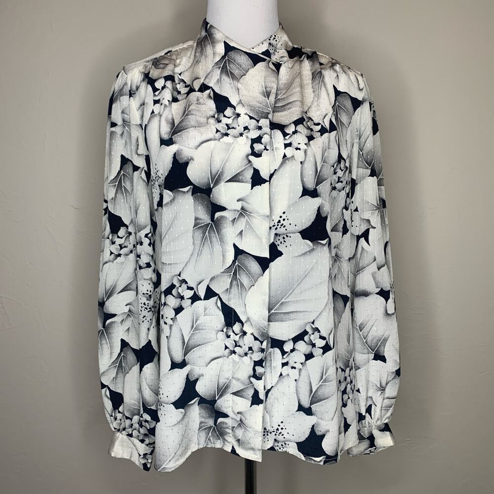 Vintage Black White Floral Blouse Sz Medium